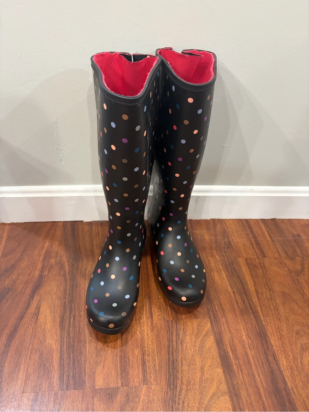 chooka Black Polka Dot Rain Boots with Pink Lining